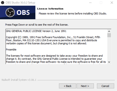OBSのライセンス情報の画面