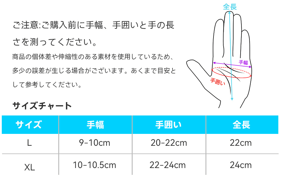 2本指カットのグローブのサイズ表