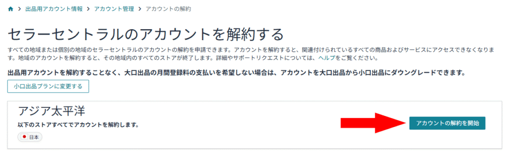 Amazonセラーセントラルのアカウントの解約を開始するボタン