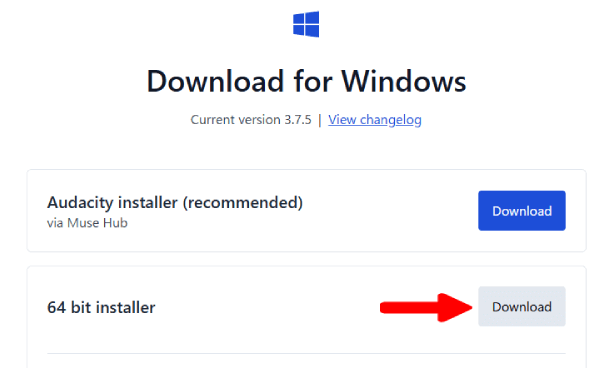 Audacity 64bit installerのダウンロードボタン