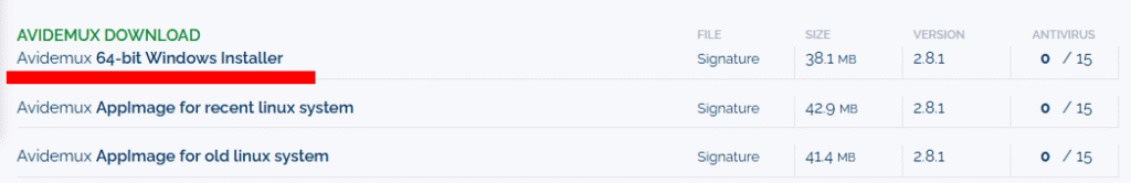 AvidemuxのWindows64bit版のインストールボタン
