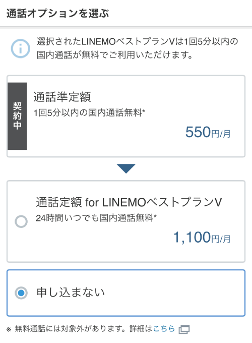LINEMOの通話オプション選択画面